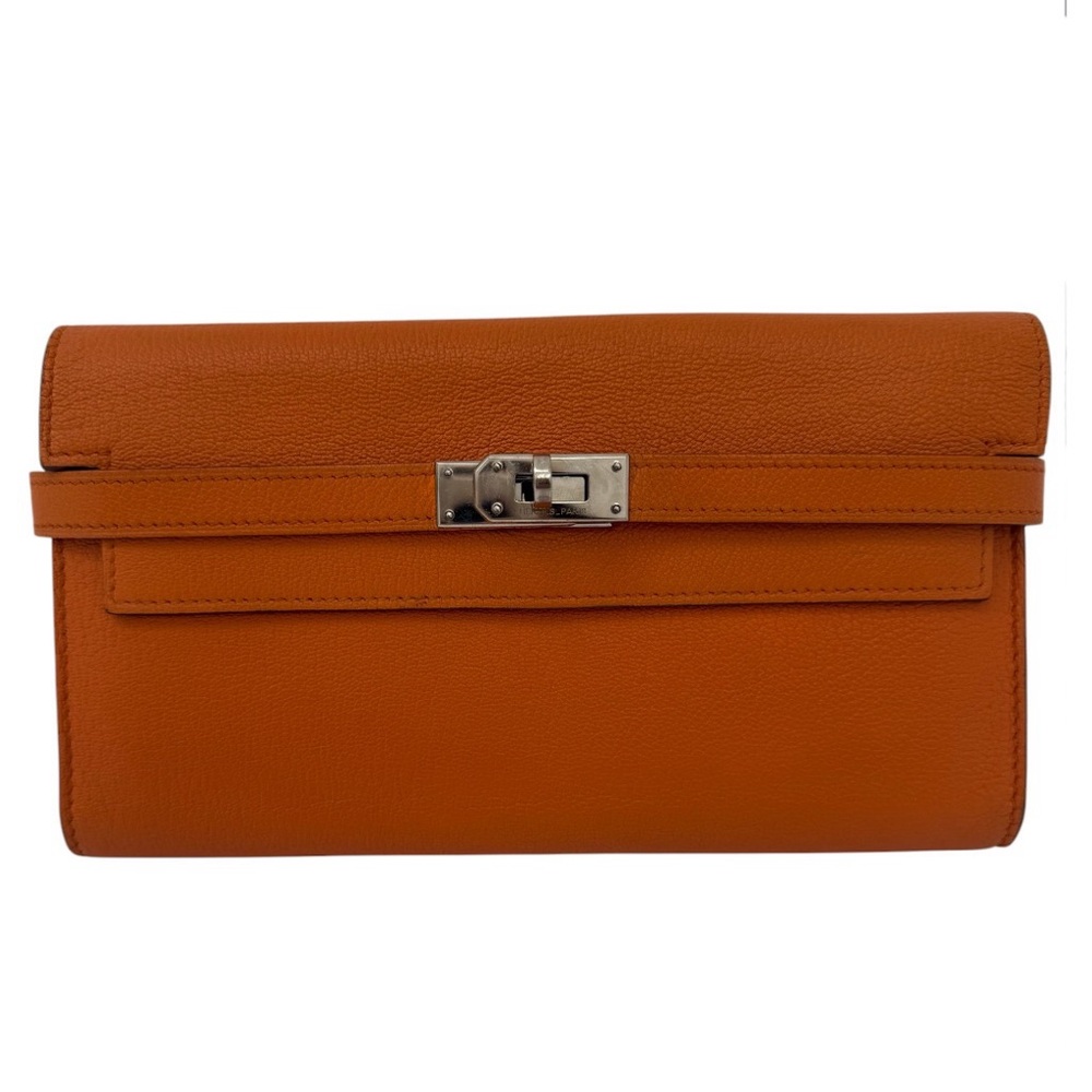 Authentic Hermes Orange Kelly Longue Wallet with Palladium HW